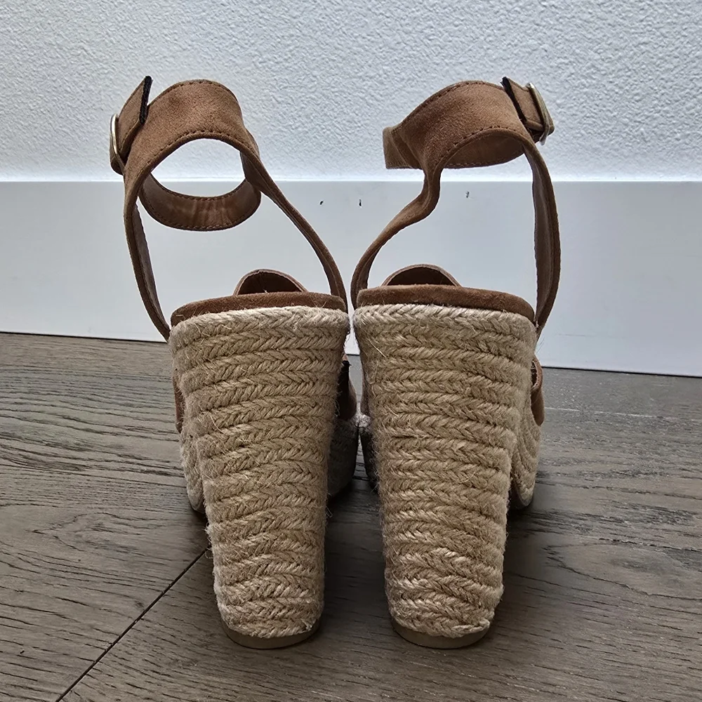 Sun + Stone Fey Platform Ankle Strap Espadrille Block Heel Sandal in Cognac